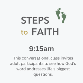 Steps to Faith, 9:15am. This conversational class invites adult participants to see how God's word addresses life's biggest questions.